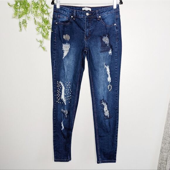(Indigo Thread Co.) Visible Mending Skinny Jeans 6 - Picture 1 of 8